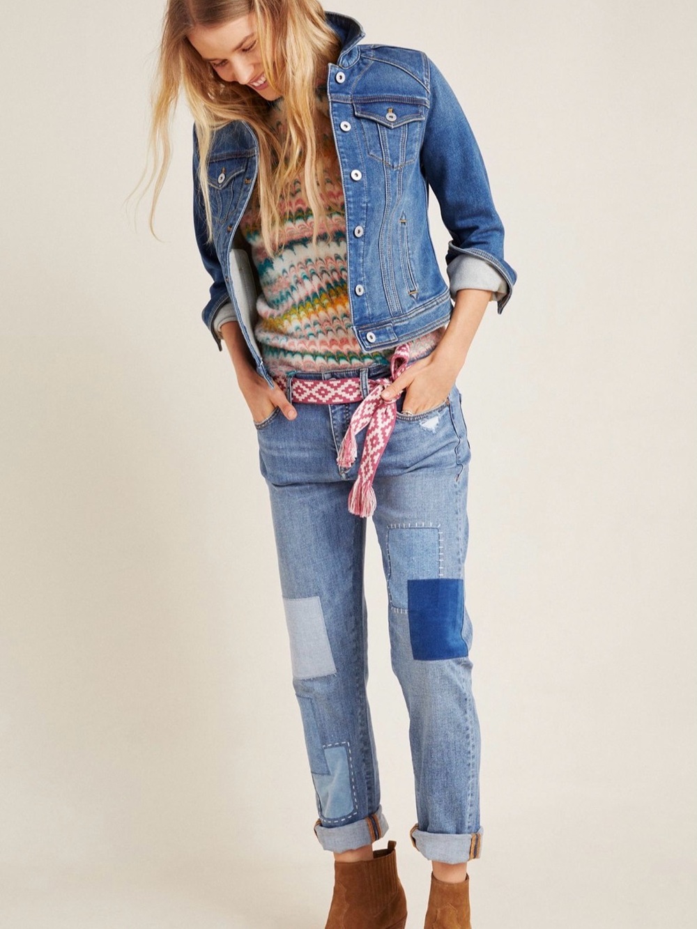 Pilcro Women's Patchwork Boyfriend Jeans in Light and Dark Blue